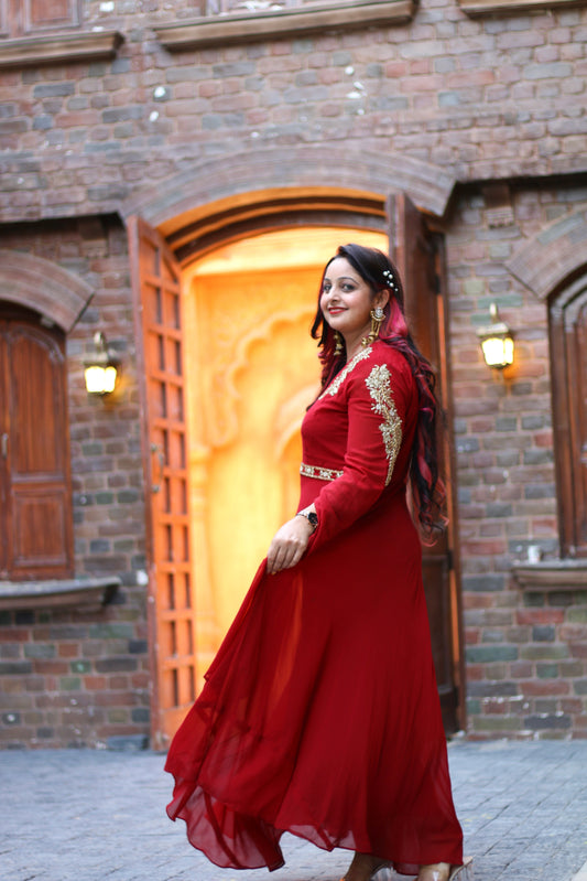 Red Embroidered Gown for Women – Party & Festive Wear